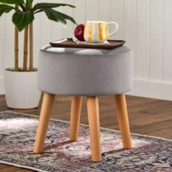 Emmy Grey Velvet Round Wood Leg Ottoman -Furniture Sale Store emmy grey velvet round wood leg ottoman 4