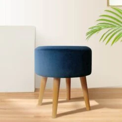 Emmy Navy Blue Velvet Round Wood Leg Ottoman -Furniture Sale Store emmy navy blue velvet round wood leg ottoman 4