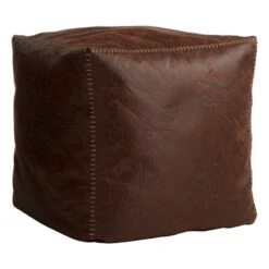 Honeybloom Faux Leather Brown Pouf With Baseball Stitch