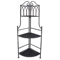 Metal Corner Rack With Brown Decorative Arch & Folding Wood-Top Shelves, 47"